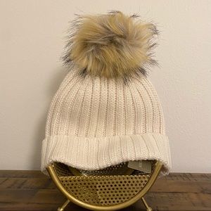 J. Crew Ribbed beanie with faux-fur pom-pom in ivory, NWT